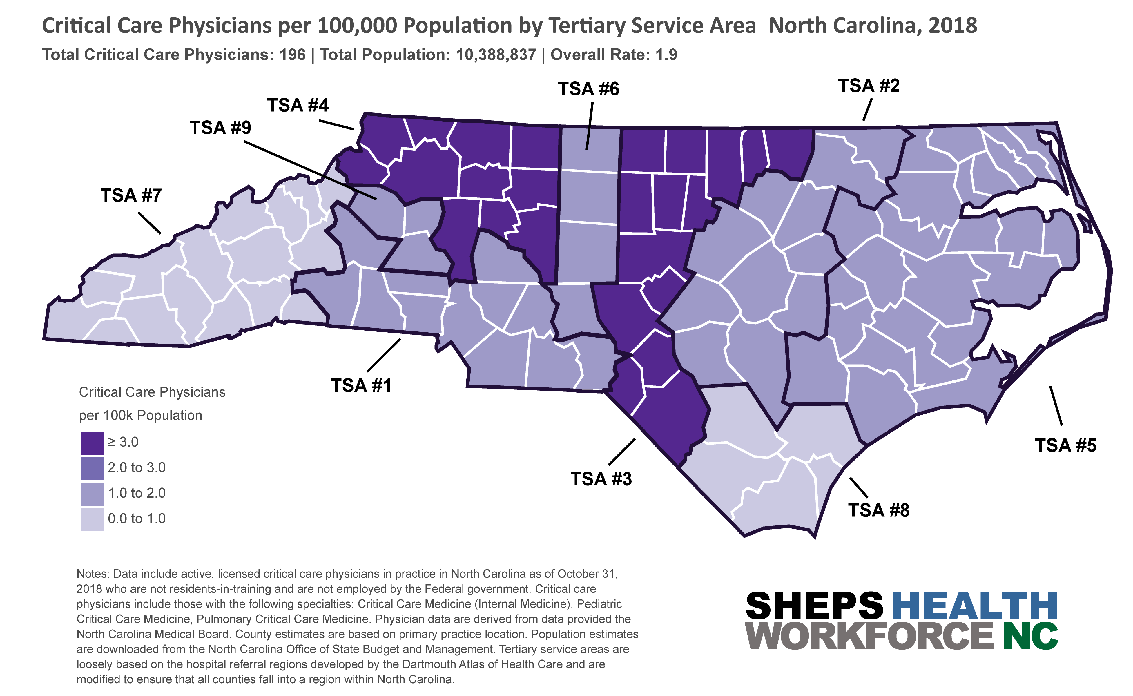 Map of Critical Care Medicine physicians in North Carolina by TSA.