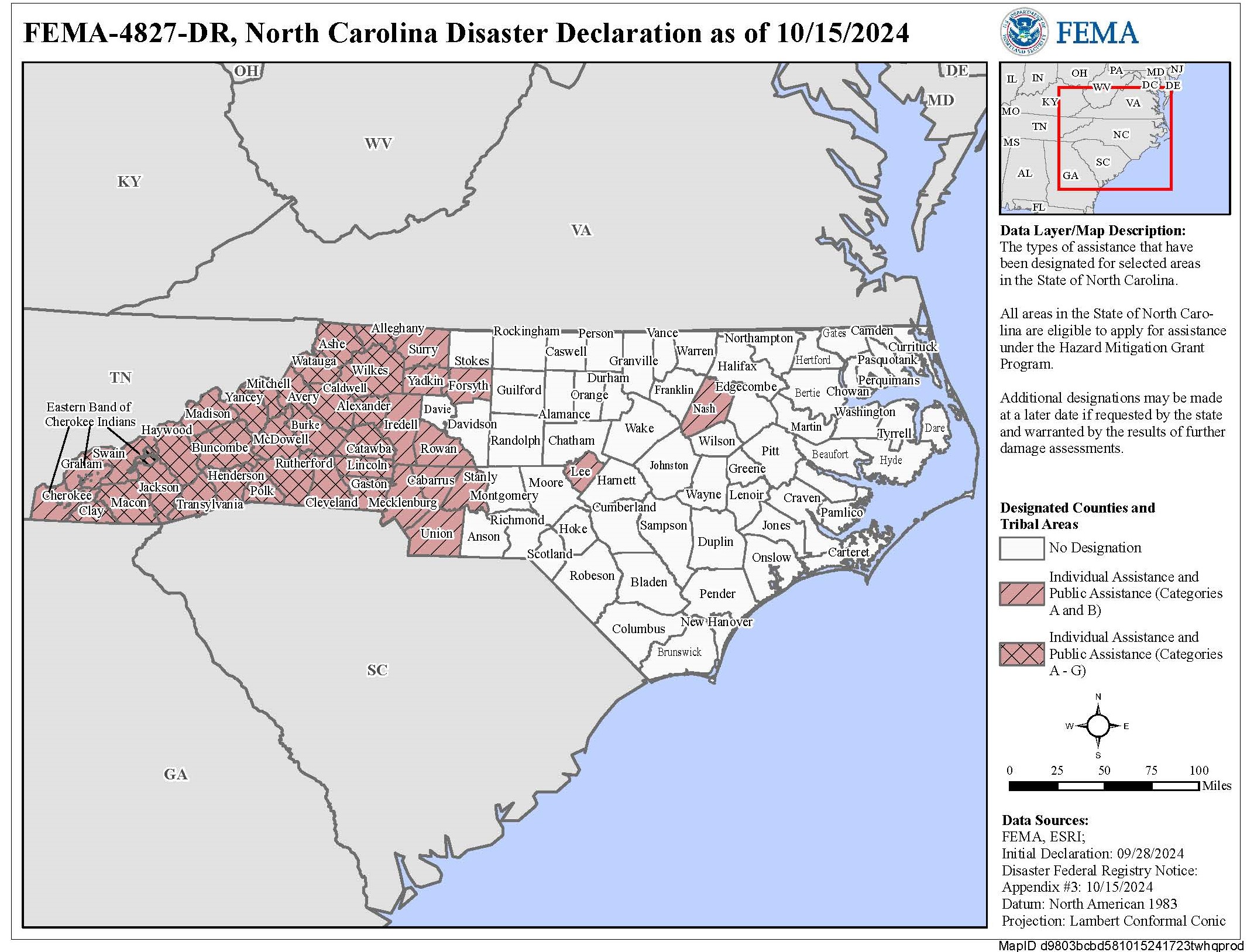 A map of the state of North Carolina showing the areas that are part of the disaster declaration. They are primarily counties in the western part of the state.