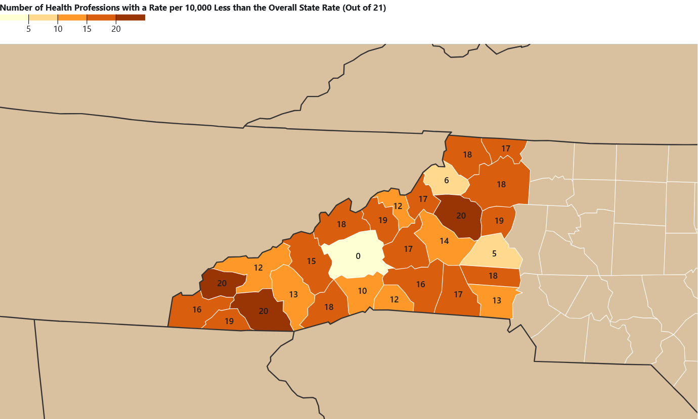A map of western North Carolina using orange shading to show where the rate per 10,000 population of health professions are less than the state rate.