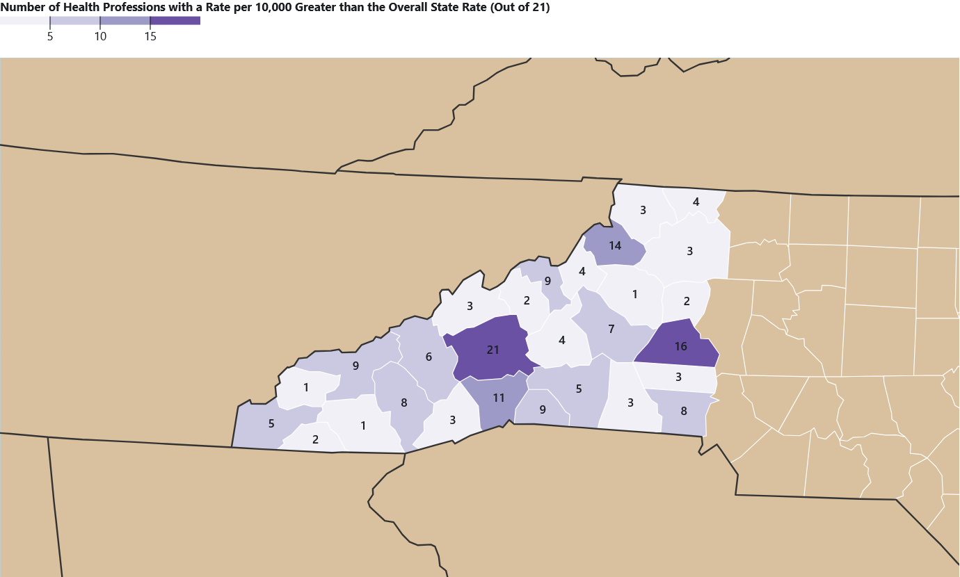 A map of western North Carolina using purple shading to show where the rate per 10,000 population of health professions are greater than the state rate.
