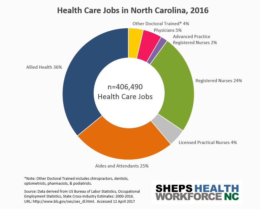 Pie chart of the proportion of health professionals in North Carolina in each profession.