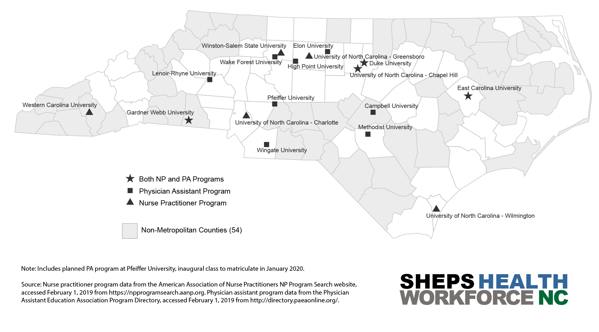 Map of the locations of the Nurse Practitioner and Physician Assistant schools in North Carolina, 2019.