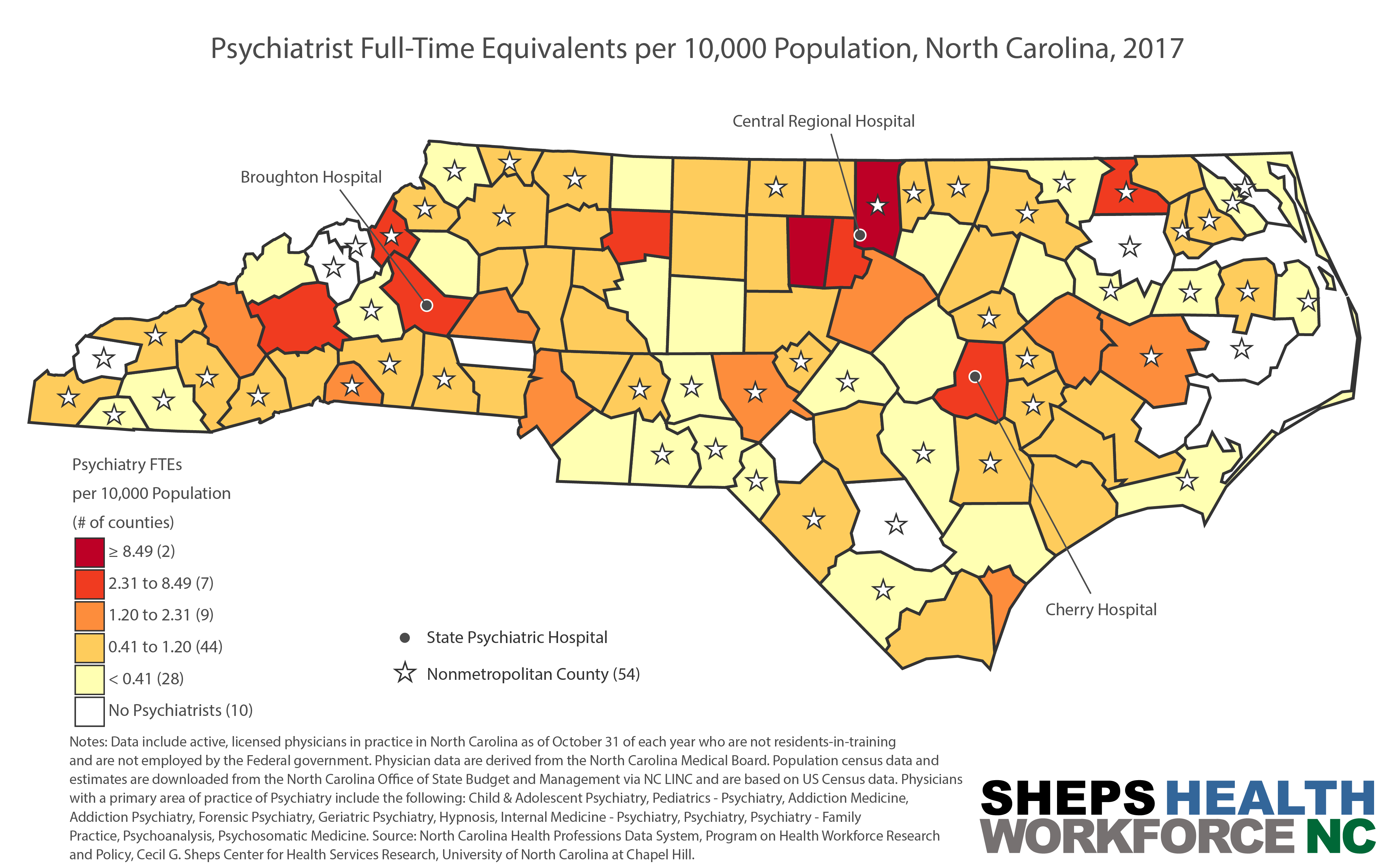 Psychiatrist Full-time Equivalents per 10,000 Population, North Carolina, 2017