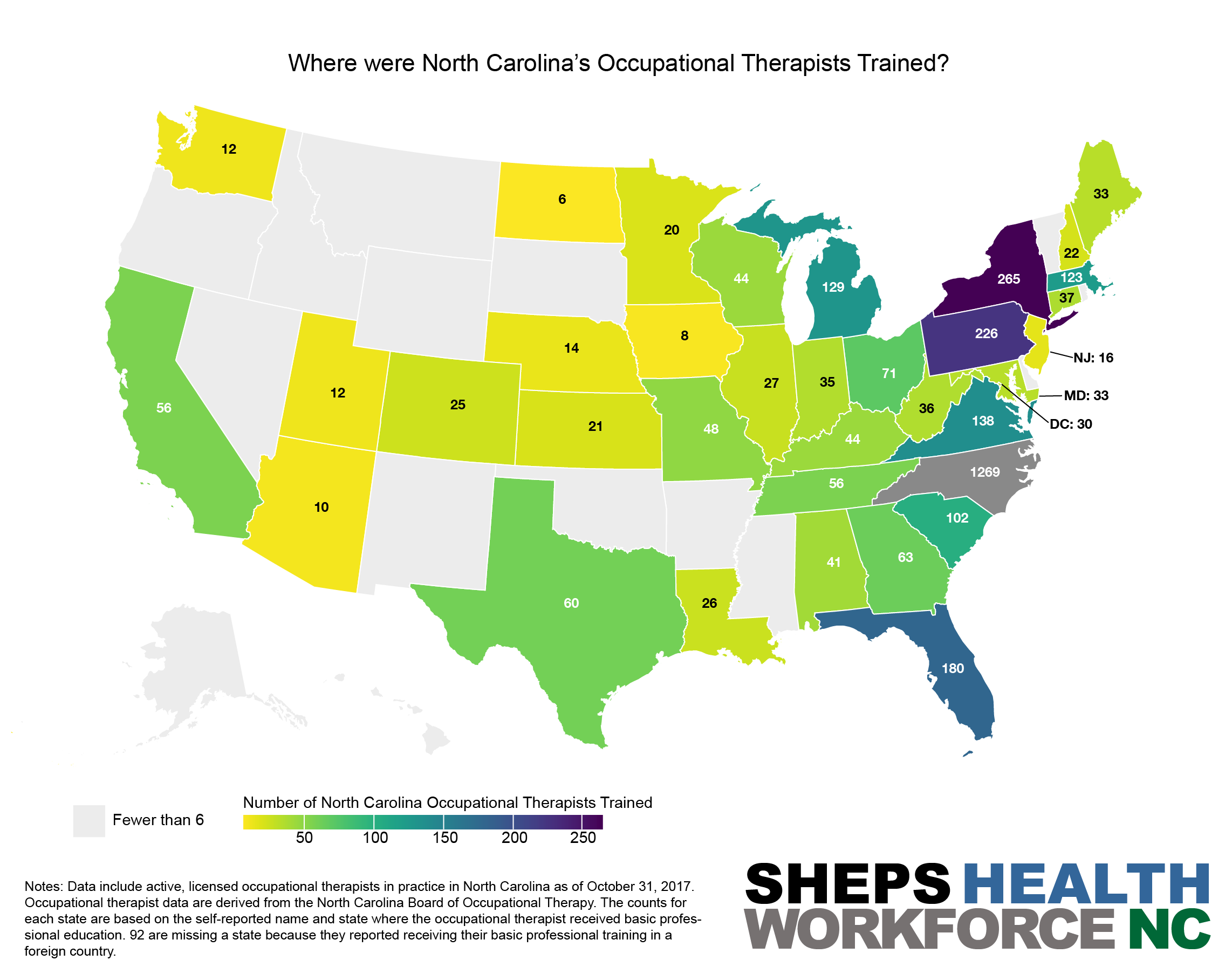 Map of US states showing where North Carolina's occupational therapists were trained.